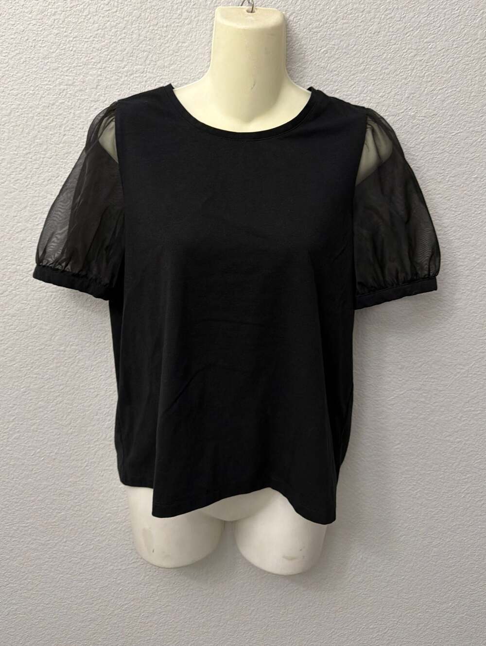 Madewell Sheer Puff Mesh Sleeve Crew Neck Knit Top
